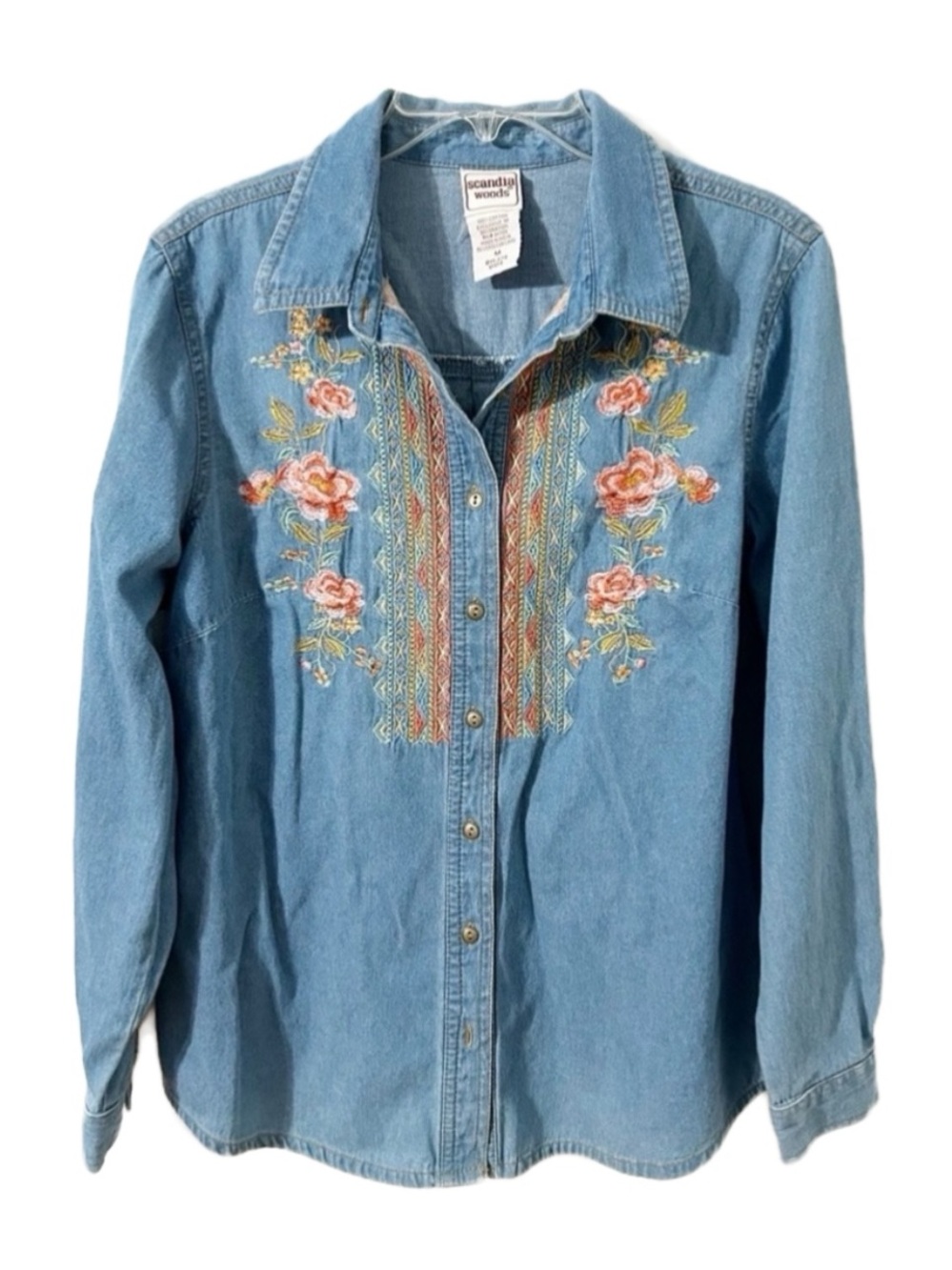 Vintage Scandia Woods Long Sleeve Button Front Denim Jean Shirt Embroidery Front